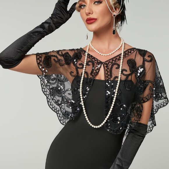 1920s Shawl Wraps Sequin Beaded Evening Cape Bridal Shawl Bolero Flapper Cover U - Picture 5 of 5